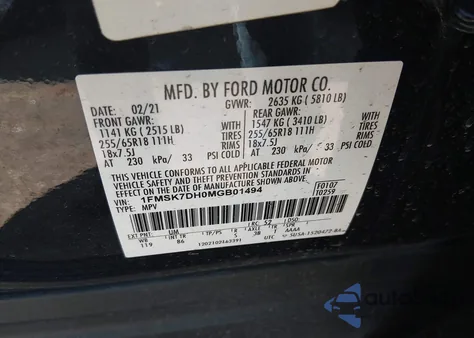 2021 Ford Explorer Xlt z USA, uszkodzony, nr VIN 1FMSK7DH0MGB01494